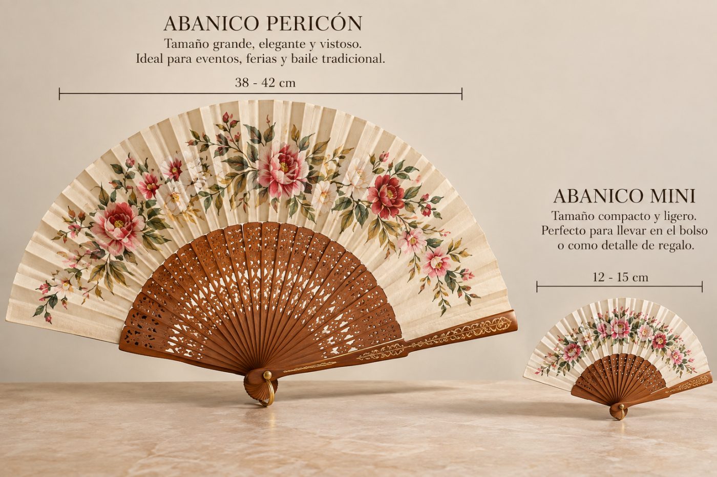 Comparativa de tamaño entre un abanico pericón de 38 a 42 cm y un abanico mini de 12 a 15 cm