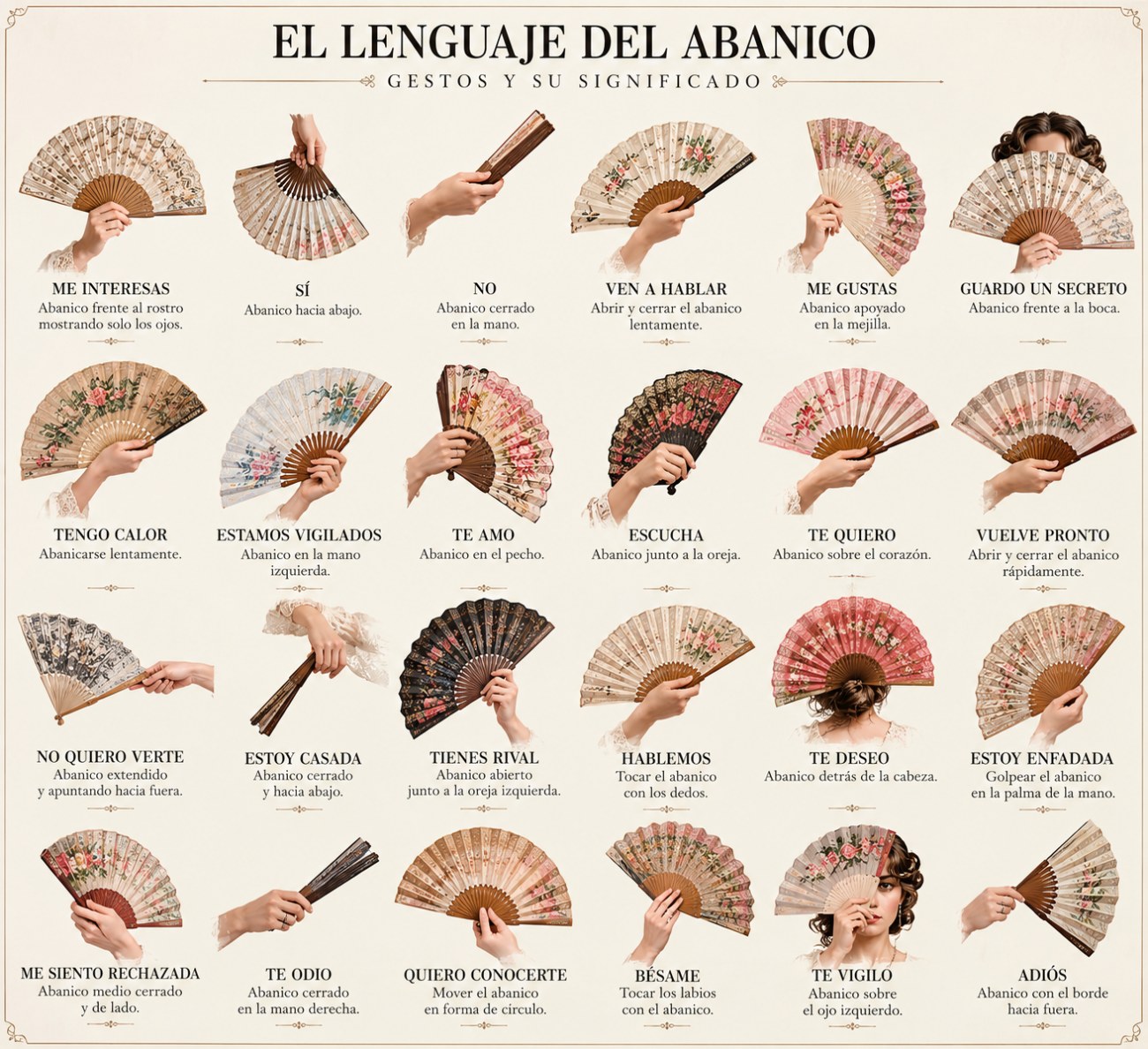 Infografía del lenguaje del abanico: 24 gestos y su significado